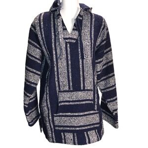 Unbranded Baja Hoodie Mens L Navy Blue Woven Striped Pullover Mexican Poncho